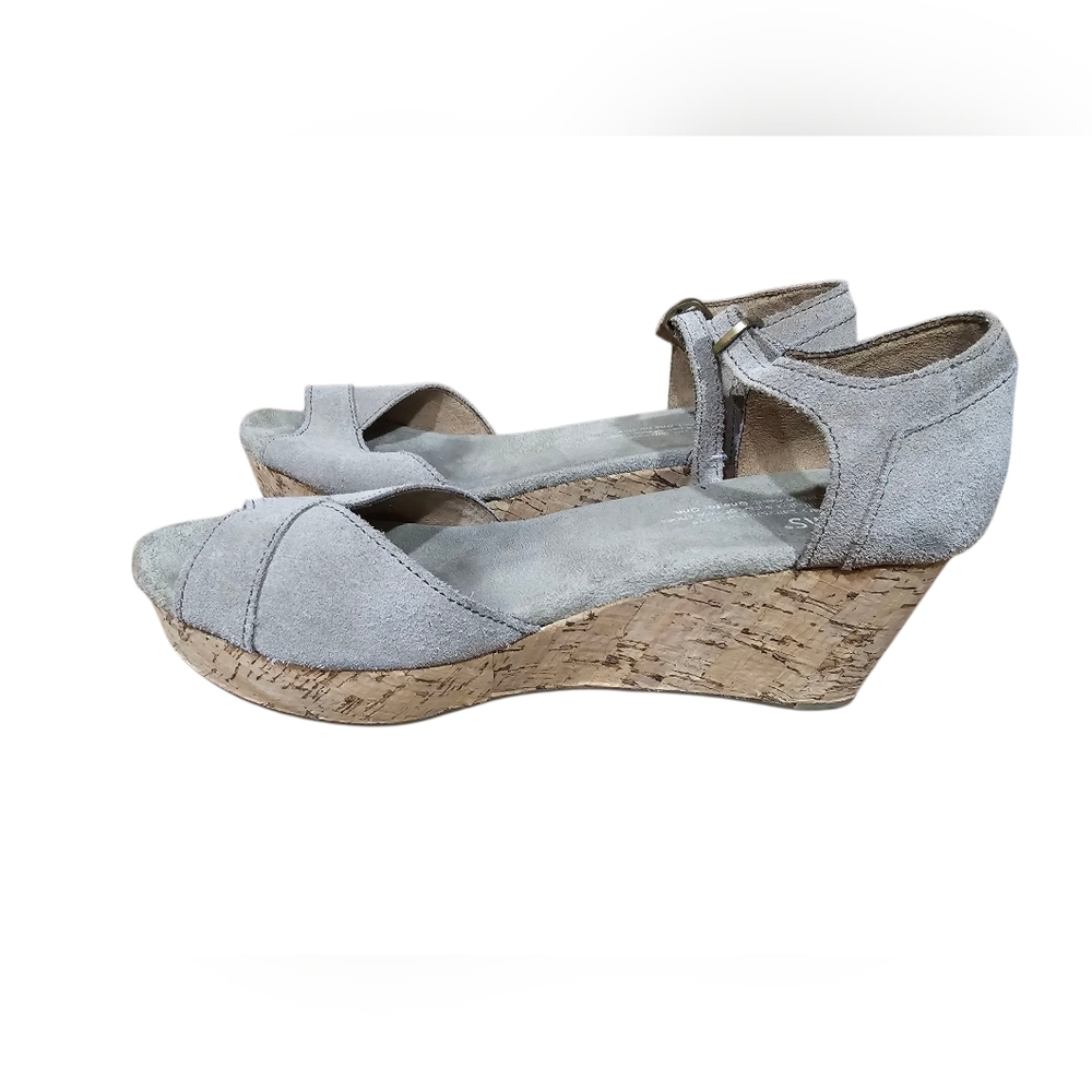 TOMS Suede‎ Cork Wedge Sandals Gray Peep Toe Ankle Strap Women’s 7.5